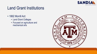Land Grant Institutions
• 1862 Morrill Act:
• Land Grant Colleges
• Focused on agriculture and
mechanical arts
 