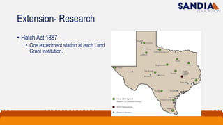 Extension- Research
• Hatch Act 1887
• One experiment station at each Land
Grant institution.
 