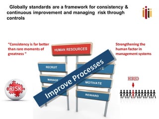 Globally standards are a framework for consistency &
continuous improvement and managing risk through
controls
“Consistency is far better
than rare moments of
greatness “
Strengthening the
human factor in
management systems
 