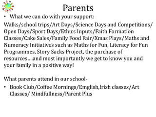 Parents

• What we can do with your support:
Walks/school trips/Art Days/Science Days and Competitions/
Open Days/Sport Days/Ethics Inputs/Faith Formation
Classes/Cake Sales/Family Food Fair/Xmas Plays/Maths and
Numeracy Initiatives such as Maths for Fun, Literacy for Fun
Programmes, Story Sacks Project, the purchase of
resources….and most importantly we get to know you and
your family in a positive way!
What parents attend in our school• Book Club/Coffee Mornings/Emglish,Irish classes/Art
Classes/ Mindfullness/Parent Plus

 