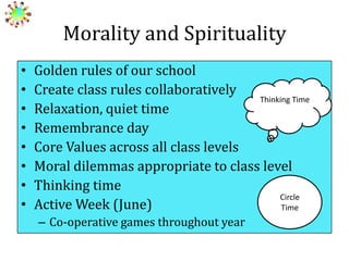 Morality and Spirituality
•
•
•
•
•
•
•
•

Golden rules of our school
Create class rules collaboratively
Thinking Time
Relaxation, quiet time
Remembrance day
Core Values across all class levels
Moral dilemmas appropriate to class level
Thinking time
Circle
Active Week (June)
Time
– Co-operative games throughout year

 
