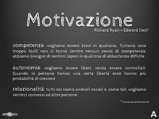 Motivazione
competenza: vogliamo essere bravi in qualcosa. Tuttavia cose
troppo facili non ci fanno sentire nessun senso di competenza:
abbiamo bisogno di sentirci capaci in qualcosa di abbastanza difficile
*Università di Rochester
Richard Ryan + Edward Deci*
autonomia: vogliamo essere liberi, senza essere controllati.
Quando le persone hanno una certa libertà esse hanno più
probabilità di crescere
relazionalità: tutti noi siamo animali sociali e, come tali, vogliamo
sentirci connessi ad altre persone
 