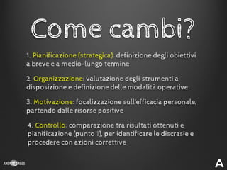 Come cambi?
4. Controllo: comparazione tra risultati ottenuti e
pianificazione (punto 1), per identificare le discrasie e
procedere con azioni correttive
1. Pianificazione (strategica): definizione degli obiettivi
a breve e a medio-lungo termine
2. Organizzazione: valutazione degli strumenti a
disposizione e definizione delle modalità operative
3. Motivazione: focalizzazione sull’efficacia personale,
partendo dalle risorse positive
 
