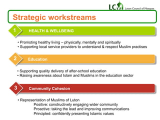 Strategic workstreams
HEALTH & WELLBEING1
2 Education
3 Community Cohesion
• Promoting healthy living – physically, mentally and spiritually
• Supporting local service providers to understand & respect Muslim practises
• Supporting quality delivery of after-school education
• Raising awareness about Islam and Muslims in the education sector
• Representation of Muslims of Luton
Positive: constructively engaging wider community
Proactive: taking the lead and improving communications
Principled: confidently presenting Islamic values
 