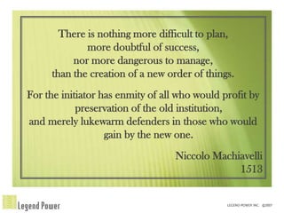 There is nothing more difficult to plan,
             more doubtful of success,
          nor more dangerous to manage,
     than the creation of a new order of things.
For the initiator has enmity of all who would profit by
            preservation of the old institution,
and merely lukewarm defenders in those who would
                   gain by the new one.
                                   Niccolo Machiavelli
                                                1513
 
