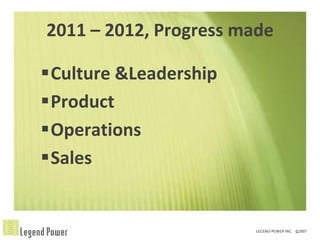 2011 – 2012, Progress made

Culture &Leadership
Product
Operations
Sales
 