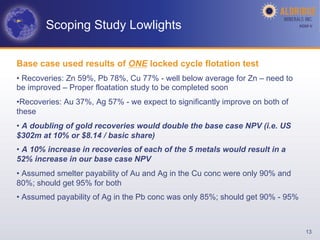 Scoping Study Lowlights                                                 AGM-­‐V	
  




Base case used results of ONE locked cycle flotation test
•  Recoveries: Zn 59%, Pb 78%, Cu 77% - well below average for Zn – need to
be improved – Proper floatation study to be completed soon
• Recoveries: Au 37%, Ag 57% - we expect to significantly improve on both of
these
•  A doubling of gold recoveries would double the base case NPV (i.e. US
$302m at 10% or $8.14 / basic share)
•  A 10% increase in recoveries of each of the 5 metals would result in a
52% increase in our base case NPV
•  Assumed smelter payability of Au and Ag in the Cu conc were only 90% and
80%; should get 95% for both
•  Assumed payability of Ag in the Pb conc was only 85%; should get 90% - 95%



                                                                                     13
 