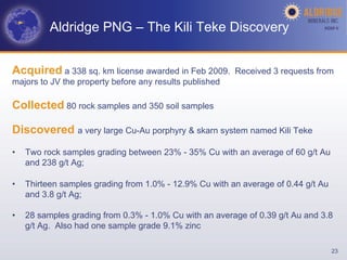 Aldridge PNG – The Kili Teke Discovery                              AGM-­‐V	
  




Acquired a 338 sq. km license awarded in Feb 2009.       Received 3 requests from
majors to JV the property before any results published

Collected 80 rock samples and 350 soil samples

Discovered a very large Cu-Au porphyry & skarn system named Kili Teke
•    Two rock samples grading between 23% - 35% Cu with an average of 60 g/t Au
     and 238 g/t Ag;

•    Thirteen samples grading from 1.0% - 12.9% Cu with an average of 0.44 g/t Au
     and 3.8 g/t Ag;

•    28 samples grading from 0.3% - 1.0% Cu with an average of 0.39 g/t Au and 3.8
     g/t Ag. Also had one sample grade 9.1% zinc

                                                                                    23
 