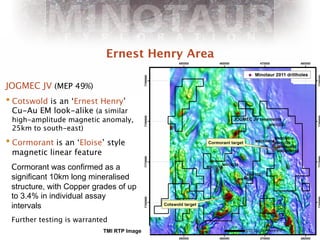 Ernest Henry Area


JOGMEC JV (MEP 49%)
• Cotswold is an ‘Ernest Henry’
 Cu-Au EM look-alike (a similar
 high-amplitude magnetic anomaly,
 25km to south-east)

• Cormorant is an ‘Eloise’ style
 magnetic linear feature
 Cormorant was confirmed as a
 significant 10km long mineralised
 structure, with Copper grades of up
 to 3.4% in individual assay
 intervals
 Further testing is warranted
                           TMI RTP Image
 