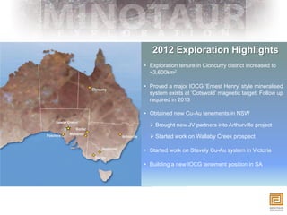 2012 Exploration Highlights
                •  Exploration tenure in Cloncurry district increased to
                   ~3,600km2

                •  Proved a major IOCG ‘Ernest Henry’ style mineralised
                   system exists at ‘Cotswold’ magnetic target. Follow up
                   required in 2013

                •  Obtained new Cu-Au tenements in NSW
Gawler Craton
                  Ø  Brought new JV partners into Arthurville project

                  Ø  Started work on Wallaby Creek prospect

                •  Started work on Stavely Cu-Au system in Victoria

                •  Building a new IOCG tenement position in SA
 