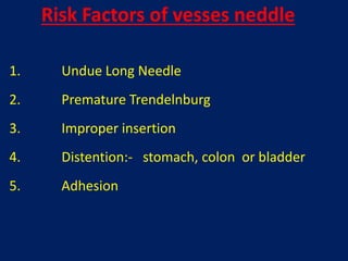 1. Undue Long Needle
2. Premature Trendelnburg
3. Improper insertion
4. Distention:- stomach, colon or bladder
5. Adhesion
Risk Factors of vesses neddle
 