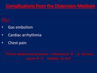 ComplicationsfromtheDistensionMedium
Co2:-
• Gas embolism
• Cardiac arrhythmia
• Chest pain
↑Intra-abdominal pressure + Anesthesia  ↓ Venous
return ↑ liability to DVT
 