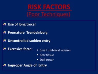 RISK FACTORS
(Poor Techniques)
Use of long trocar
Premature Trendelnburg
Uncontrolled sudden entry
Excessive force:
Improper Angle of Entry
 Small umbilical incision
 Scar tissue
 Dull trocar
 