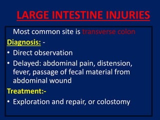 Most common site is transverse colon
Diagnosis: -
• Direct observation
• Delayed: abdominal pain, distension,
fever, passage of fecal material from
abdominal wound
Treatment:-
• Exploration and repair, or colostomy
LARGE INTESTINE INJURIES
 