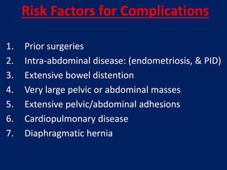 1. Prior surgeries
2. Intra-abdominal disease: (endometriosis, & PID)
3. Extensive bowel distention
4. Very large pelvic or abdominal masses
5. Extensive pelvic/abdominal adhesions
6. Cardiopulmonary disease
7. Diaphragmatic hernia
Risk Factors for Complications
 