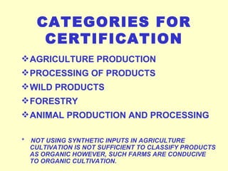 CATEGORIES FOR CERTIFICATION AGRICULTURE PRODUCTION PROCESSING OF PRODUCTS WILD PRODUCTS FORESTRY ANIMAL PRODUCTION AND PROCESSING *  NOT USING SYNTHETIC INPUTS IN AGRICULTURE CULTIVATION IS NOT SUFFICIENT TO CLASSIFY PRODUCTS AS ORGANIC HOWEVER, SUCH FARMS ARE CONDUCIVE TO ORGANIC CULTIVATION. 