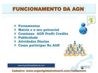 ¤ Ferramentas
¤ Matriz e o seu potencial
¤ Comissao AGN Profit Credits
¤ Publicidade
¤ Atividades Diarias
¤ Como participar Na AGN
FUNCIONAMENTO DA AGN
Cadastro: www.argentglobalnetwork.com/hsilasmmn
 