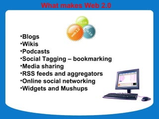 What makes Web 2.0



•Blogs
•Wikis
•Podcasts
•Social Tagging – bookmarking
•Media sharing
•RSS feeds and aggregators
•Online social networking
•Widgets and Mushups
 