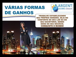 VÁRIAS FORMAS
DE GANHOS

TRABALHE ESTABELECENDO
SEU PRÓPRIO HORÁRIO, SEJA NO
CONFORTO DO SEU LAR OU DO
SEU ESCRITÓRIO, SENDO
DONO DO SEU NEGÓCIO.

CONQUISTE O MUNDO!

 