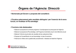 9
Òrgans de l’Agència: Direcció
• Nomenada pel Govern a proposta del conseller/a
• S’avalua externament pels resultats obtinguts i per l’exercici de la seva
funció, en finalitzar el Pla estratègic
• Funcions més destacades:
• Elaborar la proposta de contracte programa i l’avantprojecte de pressupost de l’Agència
• Elaborar la proposta de Pla estratègic, del Programa d’activitats anual i de la Memòria anual
• Elaborar l’informe anual sobre els resultats de les avaluacions fetes
• Proposar al Consell Rector el codi deontològic i el pla d’inversions
• Potenciar la millora de la qualitat dels procediments i mètodes de treball de l’Agència
 