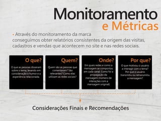 Monitoramento
                                                                        e Métricas
 • Através do monitoramento da marca
 conseguimos obter relatórios consistentes da origem das visitas,
 cadastros e vendas que acontecem no site e nas redes sociais.


           O que?                      Quem?                         Onde?                    Por que?
                                                          Em quais redes e como a     O que motivou o usuário
O que as pessoas disseram   Quem são as pessoas que
                                                         mensagem se comportou         a interagir com o tema?
sobre o tema, levando em        comentaram? São
                                                         em cada canal. Como foi a         Por que o usuário
consideração o humor e a     relevantes? Como elas
                                                              propagação da          transmitiu ou retransmitiu
 experiência relacionada.   utilizam as redes sociais?
                                                           mensagem (número de              a mensagem?
                                                             interações com a
                                                            mensagem original)




                 Considerações Finais e Recomendações
 