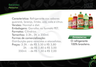Briefing
11
Produtos
Característica: Refrigerante nos sabores
guaraná, laranja, limão, uva, cola e citrus.
Versões: Normal e diet.
Garrafas no formato PET.Embalagens:
Cilíndrico.Formatos:
3.3lt., 2lt. e 350ml.Tamanhos:
Formas de comercialização:
Distribuição para varejistas e atacadistas.
3.3lt. - de R$ 3,50 à R$ 3,80Preços:
2lt. - de R$ 2,80 à R$ 3,00
350ml. - de R$ 1,50 à R$ 2,00
O refrigerante
100% brasileiro.
Diferencial
 
