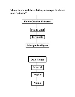 Vimos toda a cadeia evolutiva, mas o que dá vida à
matéria inerte?


            Fluido Cósmico Universal


                   Fluido Vital

                    Perispírito


               Princípio Inteligente




                  Os 3 Reinos

                     Mineral

                     Vegetal


                     Animal
 
