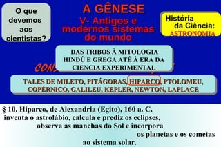 O que                A GÊNESE
  devemos           V- Antigos e                   História
                                                     da Ciência:
     aos          modernos sistemas                 ASTRONOMIA
 cientistas?         do mundo
                     DAS TRIBOS À MITOLOGIA
                   HINDÚ E GREGA ATÉ À ERA DA
         CONSEQUÊNCIAS e APLICAÇÕES
                     CIENCIA EXPERIMENTAL

                            do Espiritismo
      TALES DE MILETO, PITÁGORAS, HIPARCO, PTOLOMEU,
       COPÉRNICO, GALILEU, KEPLER, NEWTON, LAPLACE


§ 10. Hiparco, de Alexandria (Egito), 160 a. C.
inventa o astrolábio, calcula e prediz os eclipses,
          observa as manchas do Sol e incorpora
                                           os planetas e os cometas
                         ao sistema solar.
 