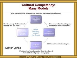 Cultural Competency:
Many Models
Steven Jones
Rosetta Eun Ryong Lee (http://tiny.cc/rosettalee)
 