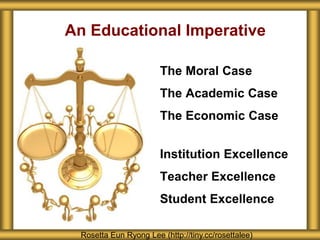 An Educational Imperative
The Moral Case
The Academic Case
The Economic Case
Institution Excellence
Teacher Excellence
Student Excellence
Rosetta Eun Ryong Lee (http://tiny.cc/rosettalee)
 