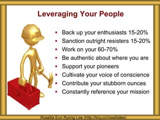 Leveraging Your People
 Back up your enthusiasts 15-20%
 Sanction outright resisters 15-20%
 Work on your 60-70%
 Be authentic about where you are
 Support your pioneers
 Cultivate your voice of conscience
 Contribute your stubborn ounces
 Constantly reference your mission
Rosetta Eun Ryong Lee (http://tiny.cc/rosettalee)
 