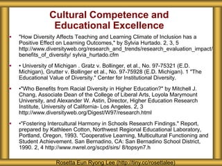 Cultural Competence and
Educational Excellence
 "How Diversity Affects Teaching and Learning Climate of Inclusion has a
Positive Effect on Learning Outcomes," by Sylvia Hurtado. 2, 3, 5
http://www.diversityweb.org/research_and_trends/research_evaluation_impact/
benefits_of_diversity/ sylvia_hurtado.cfm
 • University of Michigan . Gratz v. Bollinger, et al., No. 97-75321 (E.D.
Michigan), Grutter v. Bollinger et al., No. 97-75928 (E.D. Michigan). 1 "The
Educational Value of Diversity." Center for Institutional Diversity.
 •"Who Benefits from Racial Diversity in Higher Education?" by Mitchell J.
Chang, Associate Dean of the College of Liberal Arts, Loyola Marymount
University, and Alexander W. Astin, Director, Higher Education Research
Institute, University of California- Los Angeles. 2, 3
http://www.diversityweb.org/Digest/W97/research.html
 •"Fostering Intercultural Harmony in Schools Research Findings." Report,
prepared by Kathleen Cotton, Northwest Regional Educational Laboratory,
Portland, Oregon, 1993. "Cooperative Learning, Multicultural Functioning and
Student Achievement. San Bernadino, CA: San Bernadino School District,
1990. 2, 4 http://www.nwrel.org/scpd/sirs/ 8/topsyn7.h
Rosetta Eun Ryong Lee (http://tiny.cc/rosettalee)
 