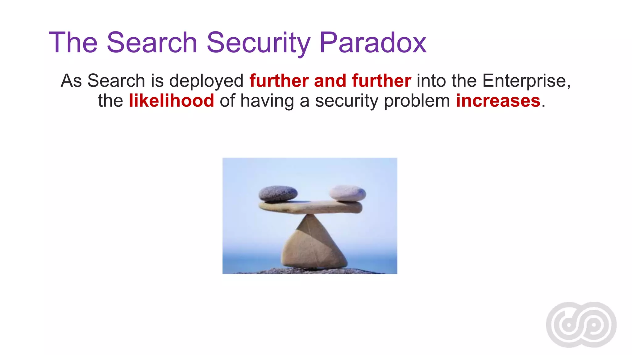 The Search Security Paradox
As Search is deployed further and further into the Enterprise,
the likelihood of having a security problem increases.

 