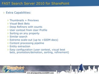 FAST Search Server 2010 for SharePointExtra Capabilities:Thumbnails + PreviewsVisual Best BetsDeep Refiners with countsUser context from User ProfileSorting on any propertySimilar searchExtreme scale-out (up to >500M docs)Content processing pipelineEntity extractionEasy configuration (user context, visual best bets, promotion/demotion, sorting, refinement)12