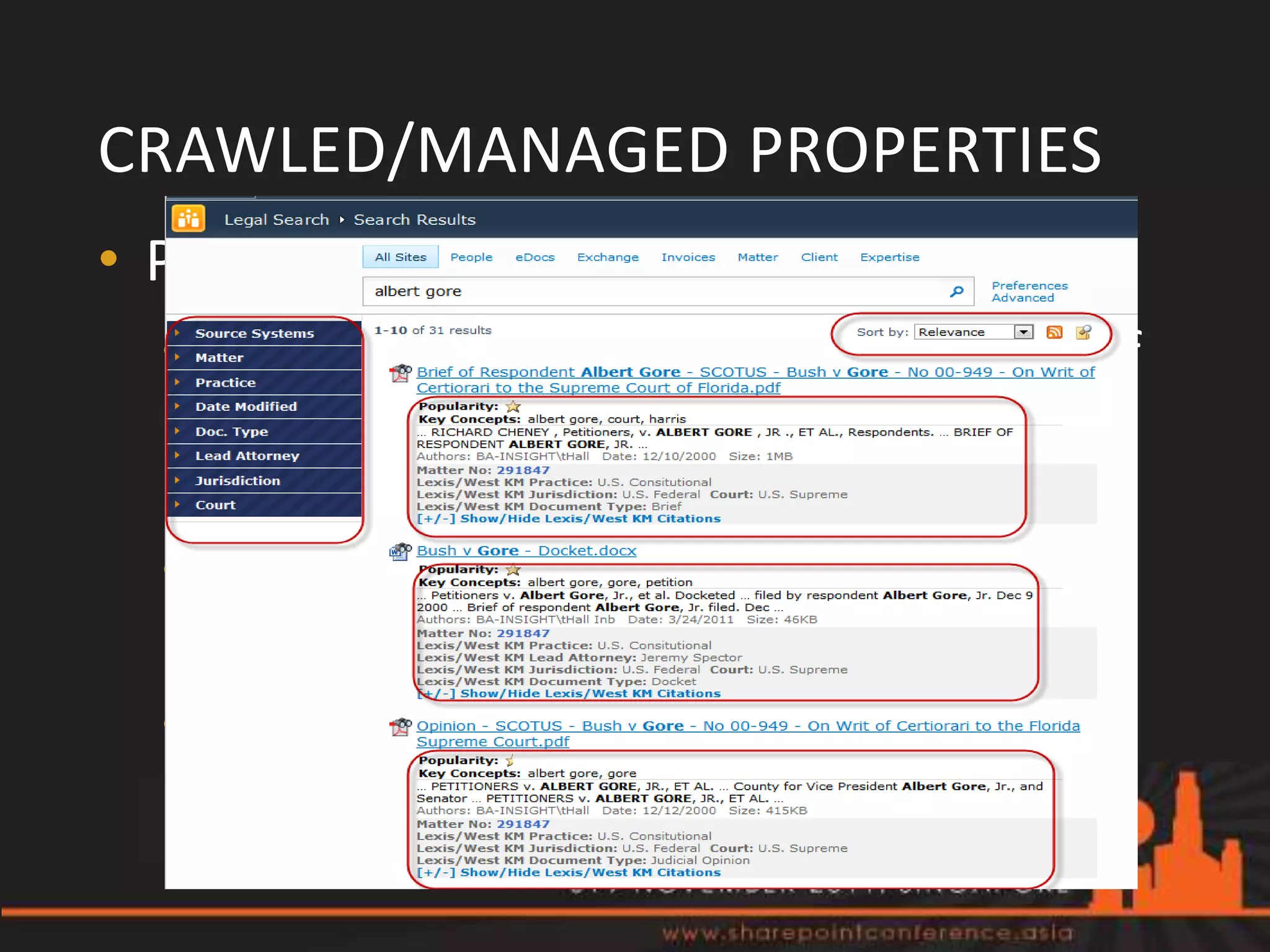 CRAWLED/MANAGED PROPERTIES
• Property mapping
  • Map to the same managed property if
    reasonable (Title, Subject, Location,
    etc.)
  • Don’t create managed property if you
    don’t really need (index size!)
  • Full Crawl!
 