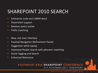 SHAREPOINT 2010 SEARCH
•   Enterprise scale-out (100M docs)
•   Powershell support
•   Boolean query syntax
•   Prefix matching


•   New, rich User Interface
•   Faceted Navigation (Refinement Panel)
•   Suggestion while typing
•   Improved People Search with phonetic matching
•   Social Tagging and Search
•   Enhanced Relevance
 