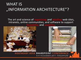 WHAT IS
„INFORMATION ARCHITECTURE”?

The art and science of organizing and labeling web sites,
 intranets, online communities, and software to support
                 findability and usability.




                                         Wikipedia, IAI
 