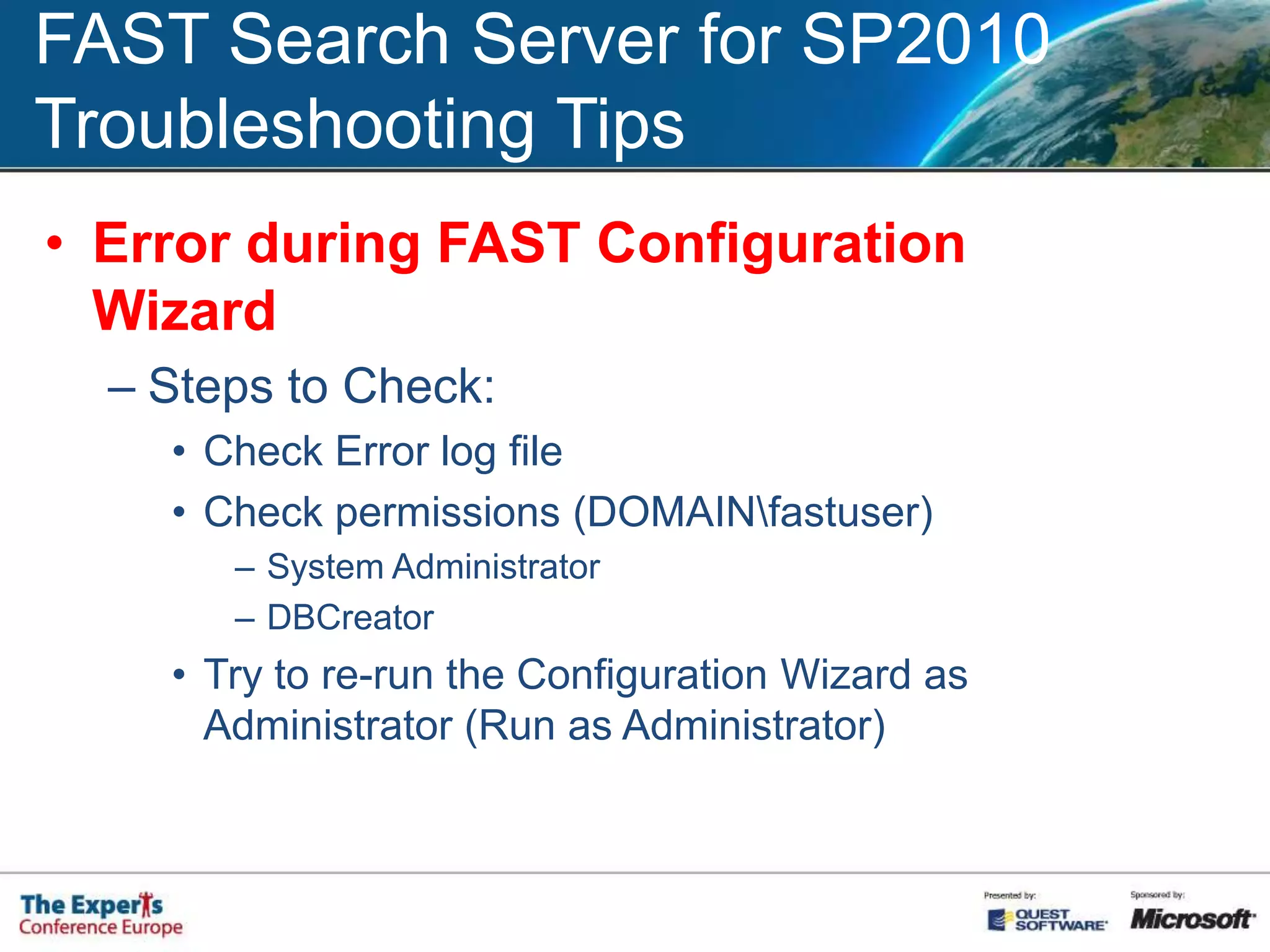 FAST Search Server for SP2010Additional CapabilitiesThumbnails + PreviewsVisual Best BetsDeep Refiners with countsUser context from User ProfileSorting on any propertySimilar searchExtreme scale-out (up to >500M docs)Content processing pipelineEntity extractionEasy configuration (user context, visual best bets, promotion/demotion, sorting, refinement)