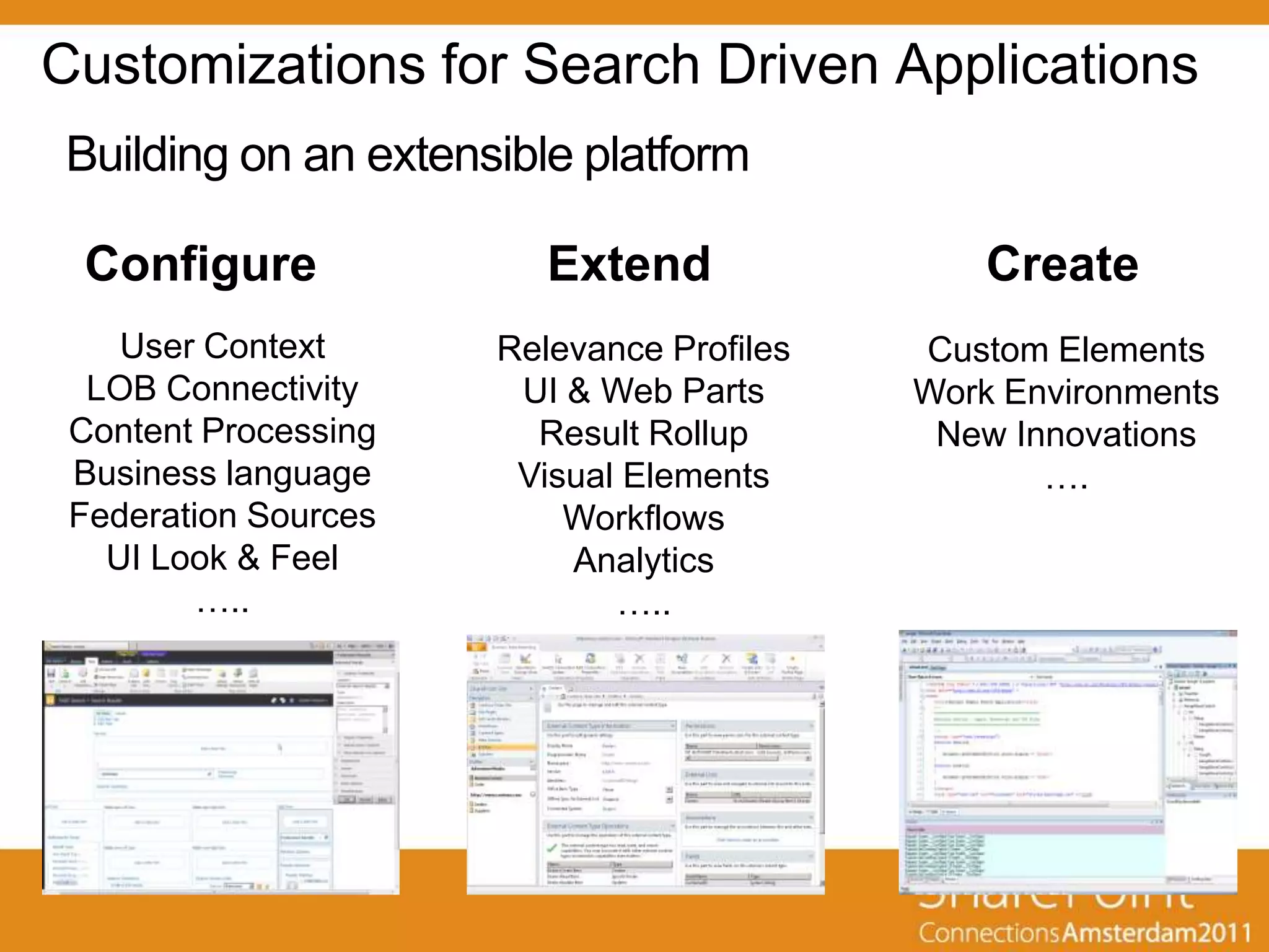 Customizations for Search Driven Applications
Building on an extensible platform

 Configure               Extend                Create
    User Context      Relevance Profiles   Custom Elements
  LOB Connectivity     UI & Web Parts      Work Environments
 Content Processing     Result Rollup       New Innovations
 Business language     Visual Elements            ….
 Federation Sources       Workflows
   UI Look & Feel         Analytics
         …..                 …..
 