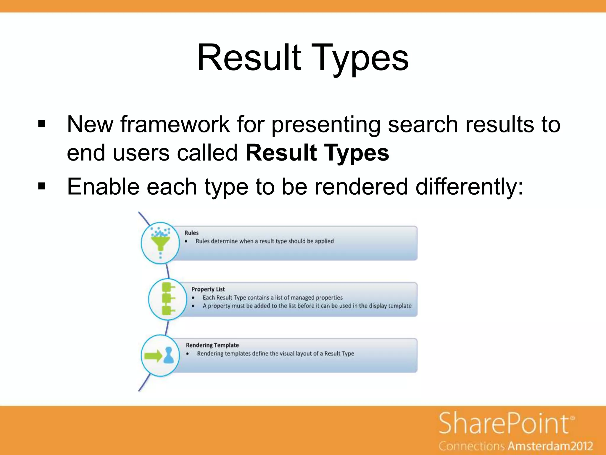 Result Types
 New framework for presenting search results to
  end users called Result Types
 Enable each type to be rendered differently:
 