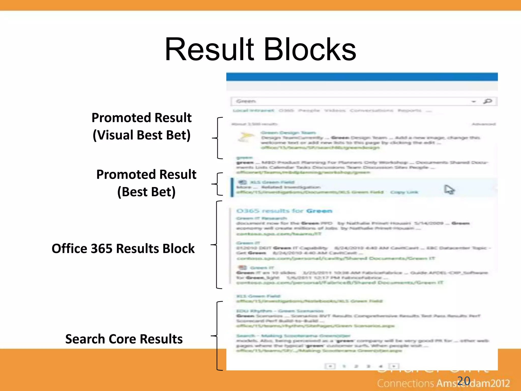 Result Blocks
      Promoted Result
      (Visual Best Bet)

       Promoted Result
          (Best Bet)


Office 365 Results Block




  Search Core Results

                                  20
 