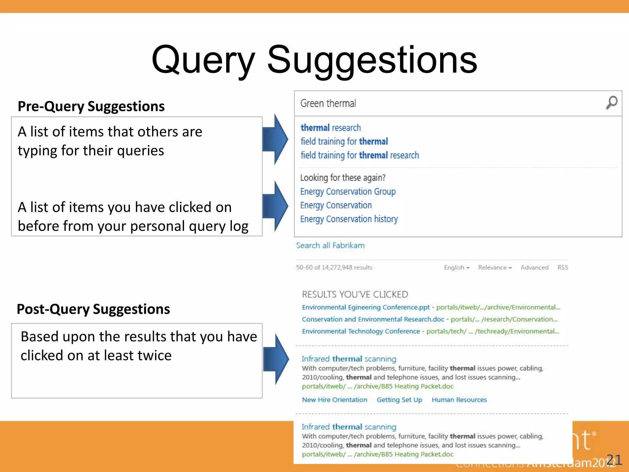 Query Suggestions
Pre-Query Suggestions
A list of items that others are
typing for their queries


A list of items you have clicked on
before from your personal query log




Post-Query Suggestions
Based upon the results that you have
clicked on at least twice




                                          21
 