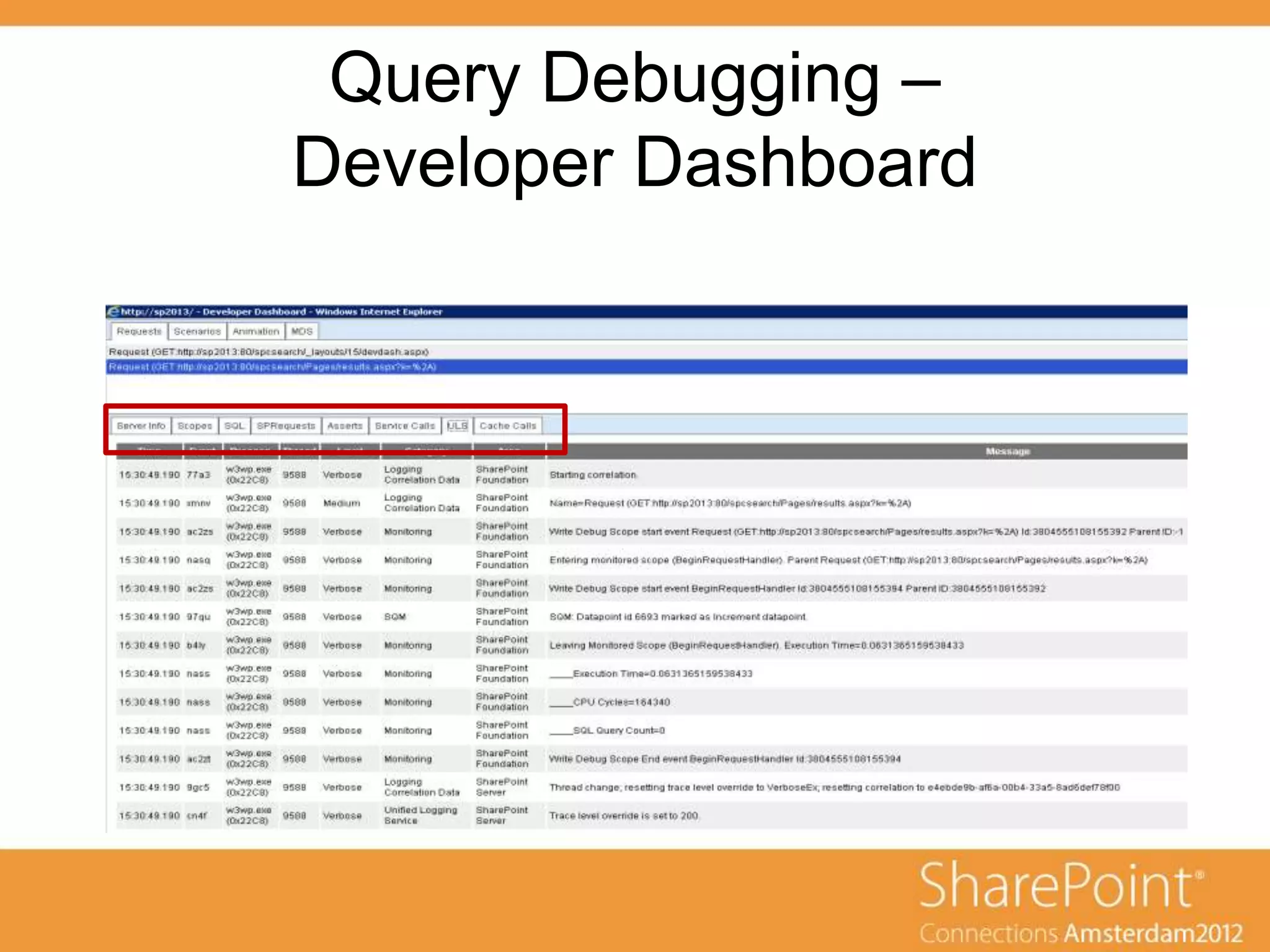 Query Debugging –
Developer Dashboard
 