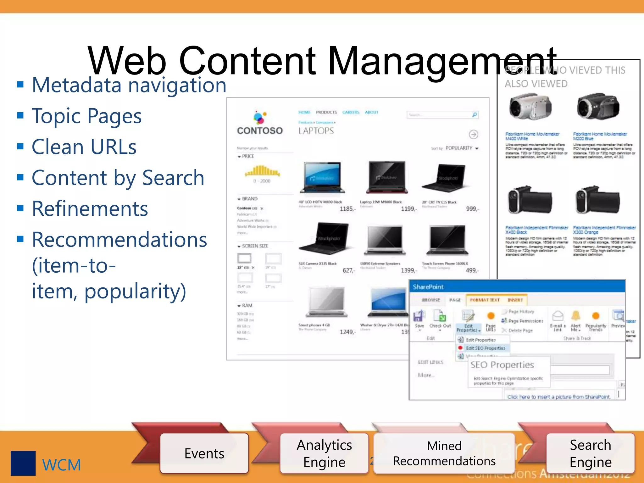 Web Content Management
 Metadata navigation
 Topic Pages
 Clean URLs
 Content by Search
 Refinements
 Recommendations
  (item-to-
  item, popularity)




                         Analytics           Mined        Search
                Events
  WCM                     Engine     21 Recommendations   Engine
 