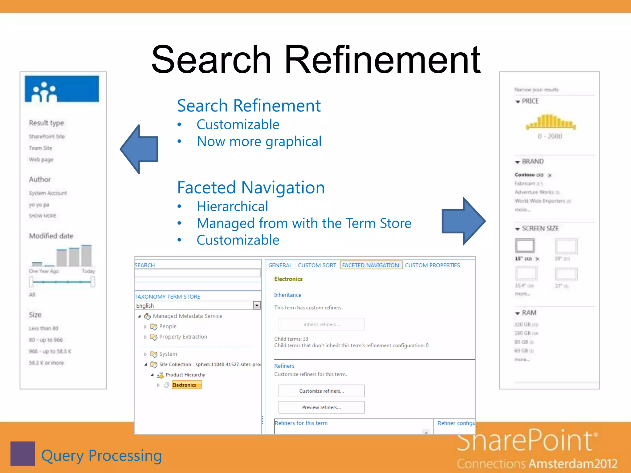 Search Refinement
                   Search Refinement
                   •   Customizable
                   •   Now more graphical


                   Faceted Navigation
                   •   Hierarchical
                   •   Managed from with the Term Store
                   •   Customizable




Query Processing
 