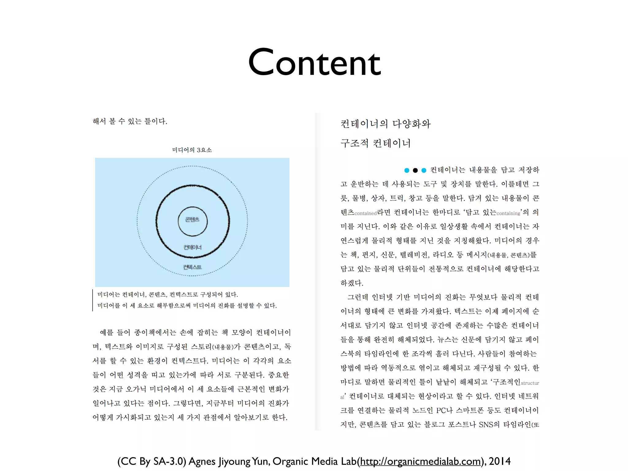 (CC By SA-3.0) Agnes JiyoungYun, Organic Media Lab(http://organicmedialab.com), 2014
3 Components of Media
Context
Container
Content
 