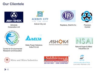 Our Clientele




                                     Ackruti City Ltd
        Abhishek                                        Raptakos, Brett & Co          Precision
      Corporation Ltd                                                                  Control




                           Delta Power Solutions
                                India Pvt Ltd                              Natural Sugar & Allied
Centre for Environmental                                                       Industries Ltd
Research and Education




    12!
 
