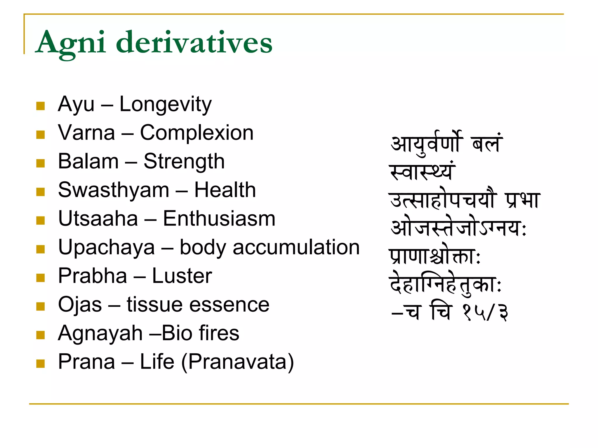 Agni derivatives
 Ayu – Longevity
 Varna – Complexion
                                AÉrÉÑuÉïhÉÉåï oÉsÉÇ
 Balam – Strength
                                xuÉÉxjrÉÇ
 Swasthyam – Health
                                EixÉÉWûÉåmÉcÉrÉÉæ mÉëpÉÉ
 Utsaaha – Enthusiasm           AÉåeÉxiÉåeÉÉåÅalÉrÉ:
 Upachaya – body accumulation   mÉëÉhÉÉ¶ÉÉå£üÉ:
 Prabha – Luster                SåWûÉÎalÉWåûiÉÑMüÉ:
 Ojas – tissue essence          -cÉ ÍcÉ 15/3
 Agnayah –Bio fires
 Prana – Life (Pranavata)
 