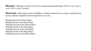Bhutagni - Bhutagni is present in five basic elements (panchmaha bhuta). There are five Agni in
each of the five basic elements,
Dhatwagni - Dhatwagni present in Saptdhatu all dhatu contain their own Agni to metabolize the
nutrient materials supplied to them though their own srotas.
Rasagni present in the Rasa Dhatu.
Raktagni present in the Rakta Dhatu.
Mamsagni present in the Mamsa Dhatu.
Medagni present in the Meda Dhatu.
Asthyagni present in the Asthi Dhatu.
Majjagni present in the Majja Dhatu.
Shukragni present in the Shukra Dhatu.
 