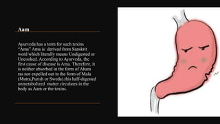 Ayurveda has a term for such toxins
“Ama” Ama is derived from Sanskrit
word which literally means Undigested or
Uncooked. According to Ayurveda, the
first cause of disease is Ama. Therefore, it
is neither absorbed in the form of Ahara
ras nor expelled out in the form of Mala
(Mutra,Purish or Sweda).this half-digested
unmetabolized matter circulates in the
body as Aam or the toxins.
Aam
 